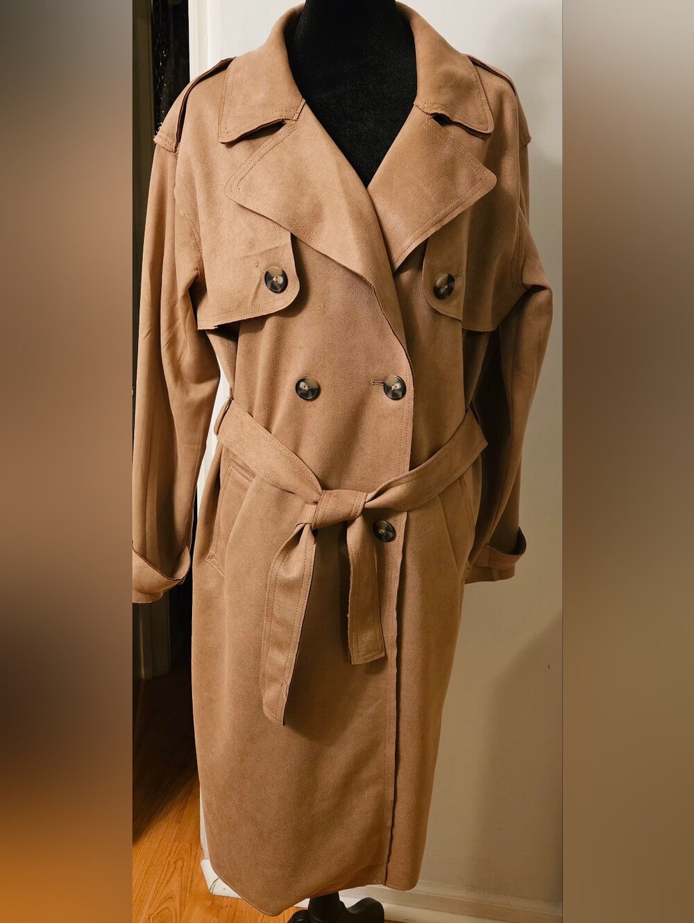 NWOT Culture Couture Faux Suede Double Breasted Trench Coat Belted Tan M